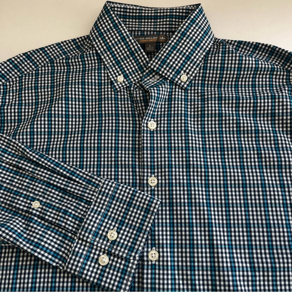 Peter Millar Men’s Summer Comfort Blue Check‎ Long Sleeve Button Down large